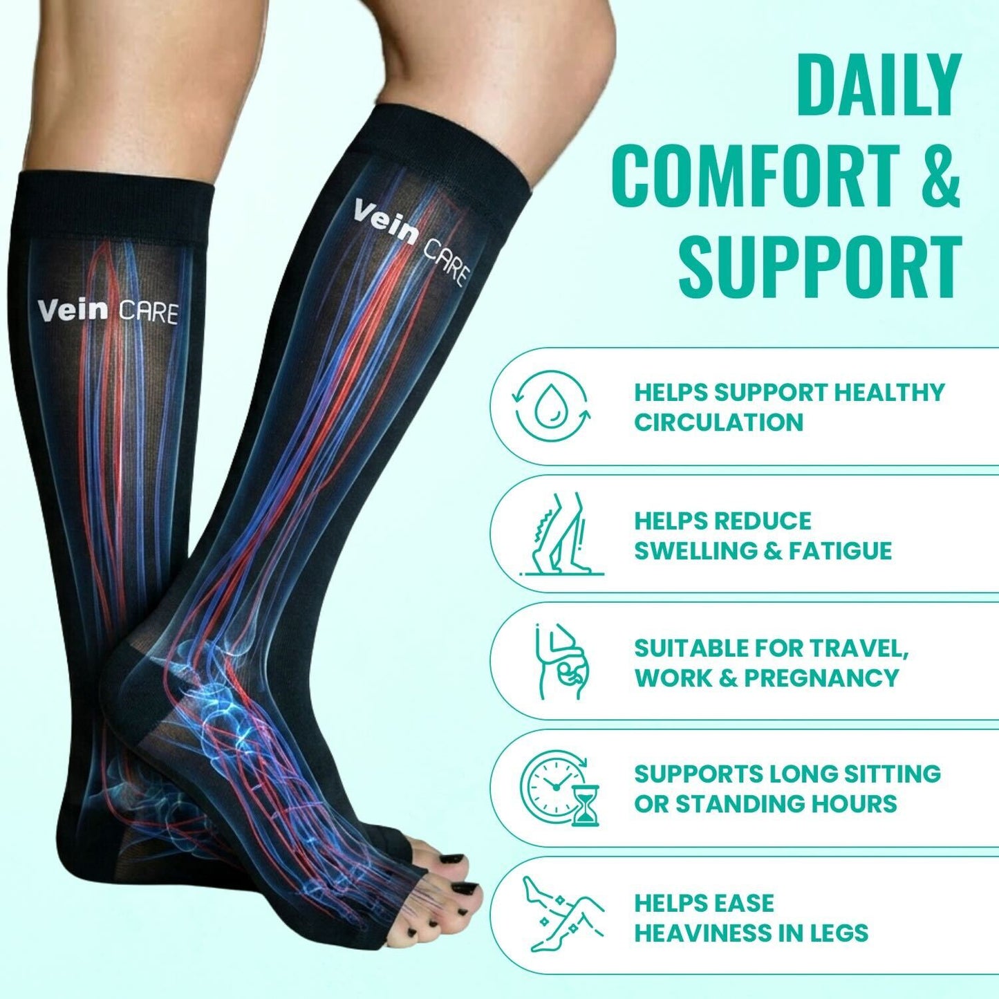 Vein Care Below Knee Compression Stockings Class 1 Travel Pregnancy Support Socks Improve Circulation Reduce Swelling Breathable Lightweight Comfortable Daily Wear for Men Women Office Flight Use