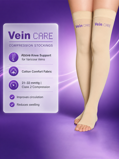 Vein CARE Above Knee Compression Stockings Class 2 for Varicose Veins & DVT, 21 -32 mmHg, Pair
