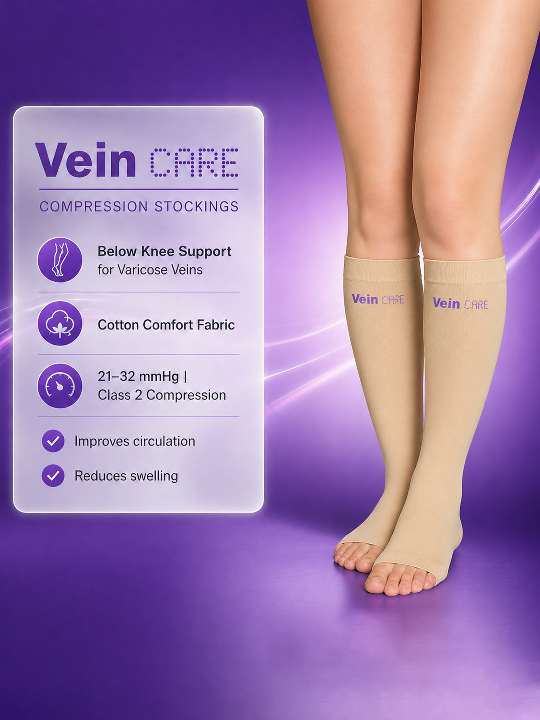 Vein CARE Below Knee Compression Stockings Class 2 for Varicose Veins & DVT, 21 -32 mmHg, Pair