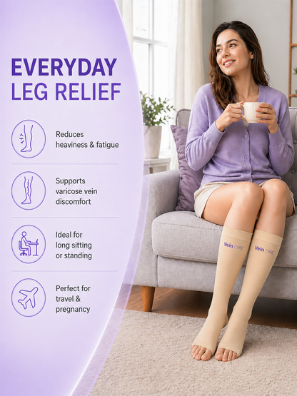 Vein CARE Below Knee Compression Stockings Class 2 for Varicose Veins & DVT, 21 -32 mmHg, Pair