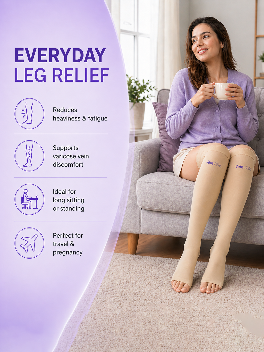 Vein CARE Above Knee Compression Stockings Class 2 for Varicose Veins & DVT, 21 -32 mmHg, Pair