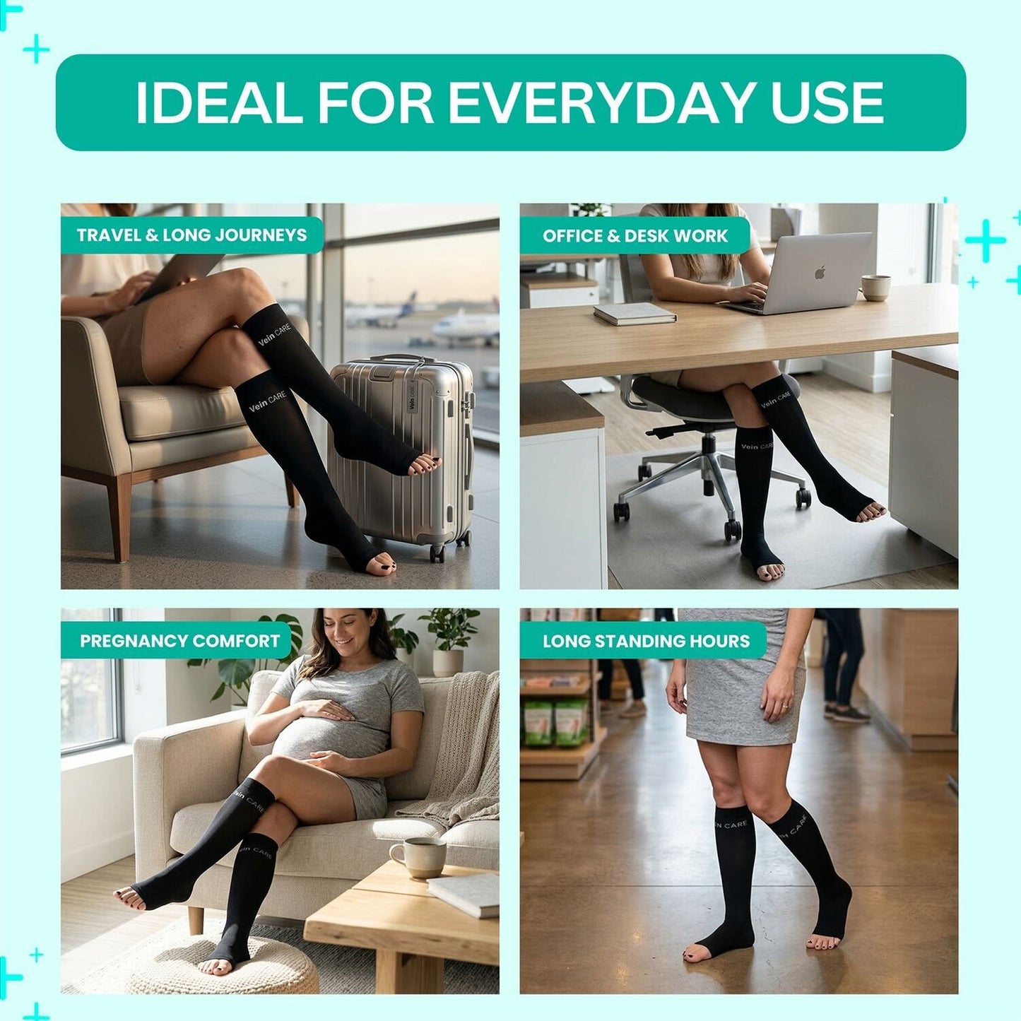 Vein Care Below Knee Compression Stockings Class 1 Travel Pregnancy Support Socks Improve Circulation Reduce Swelling Breathable Lightweight Comfortable Daily Wear for Men Women Office Flight Use