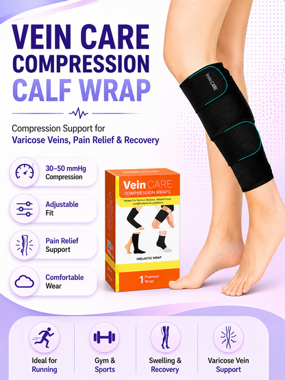 Vein CARE Compression Calf Wrap, Leg and Calf Support for Varicose Veins, Pain Relief, Running, Gym, Sports, 30-50 mmHg, Set of 1