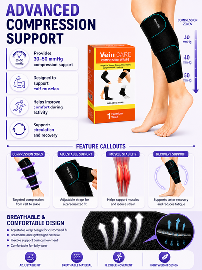 Vein CARE Compression Calf Wrap, Leg and Calf Support for Varicose Veins, Pain Relief, Running, Gym, Sports, 30-50 mmHg, Set of 1