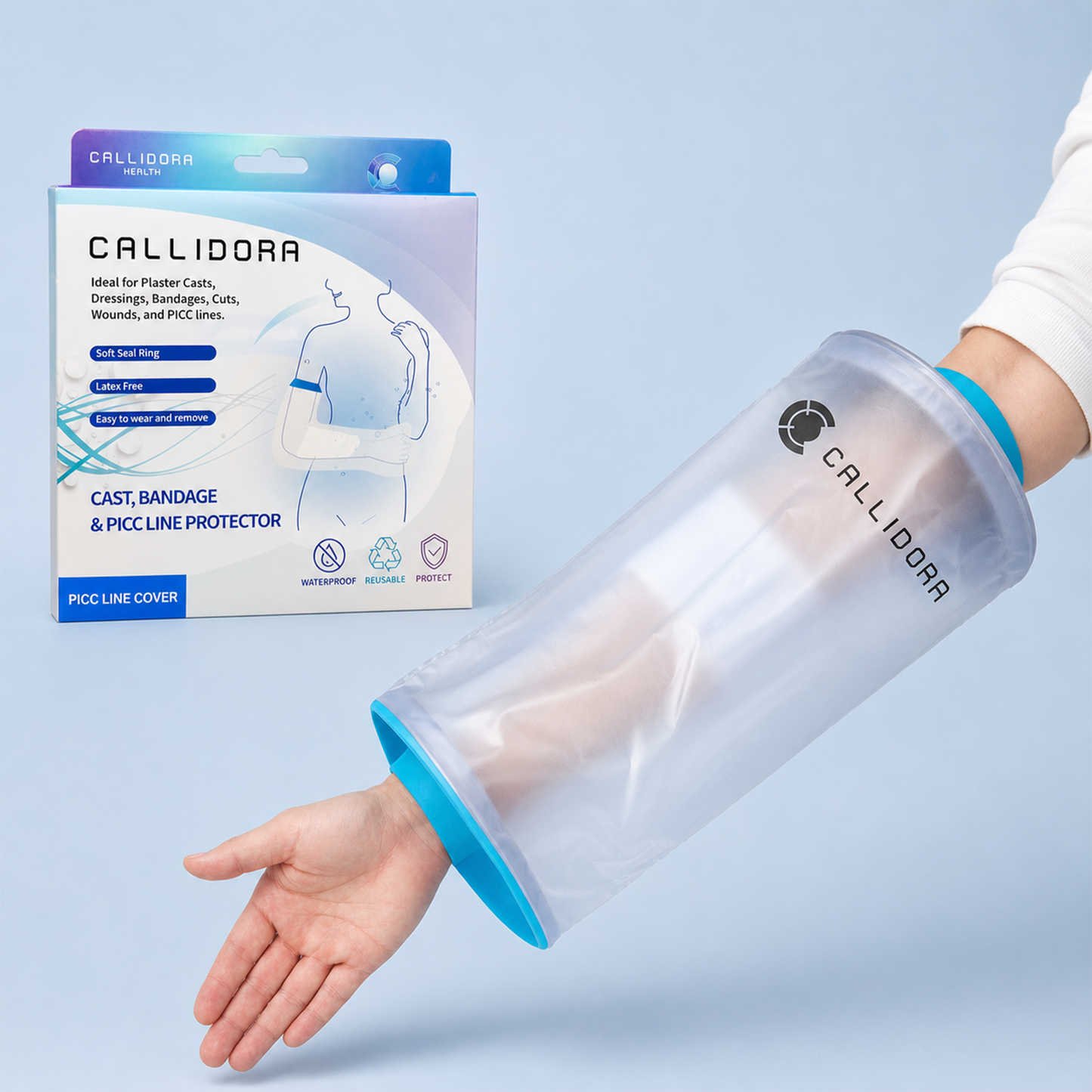 Callidora PICC Line Cast Cover, Silicone, Waterproof, Reusable protector for casts, Latex-Free, For Shower, Bath and Rain, Sealed, Universal Size, 1 Unit