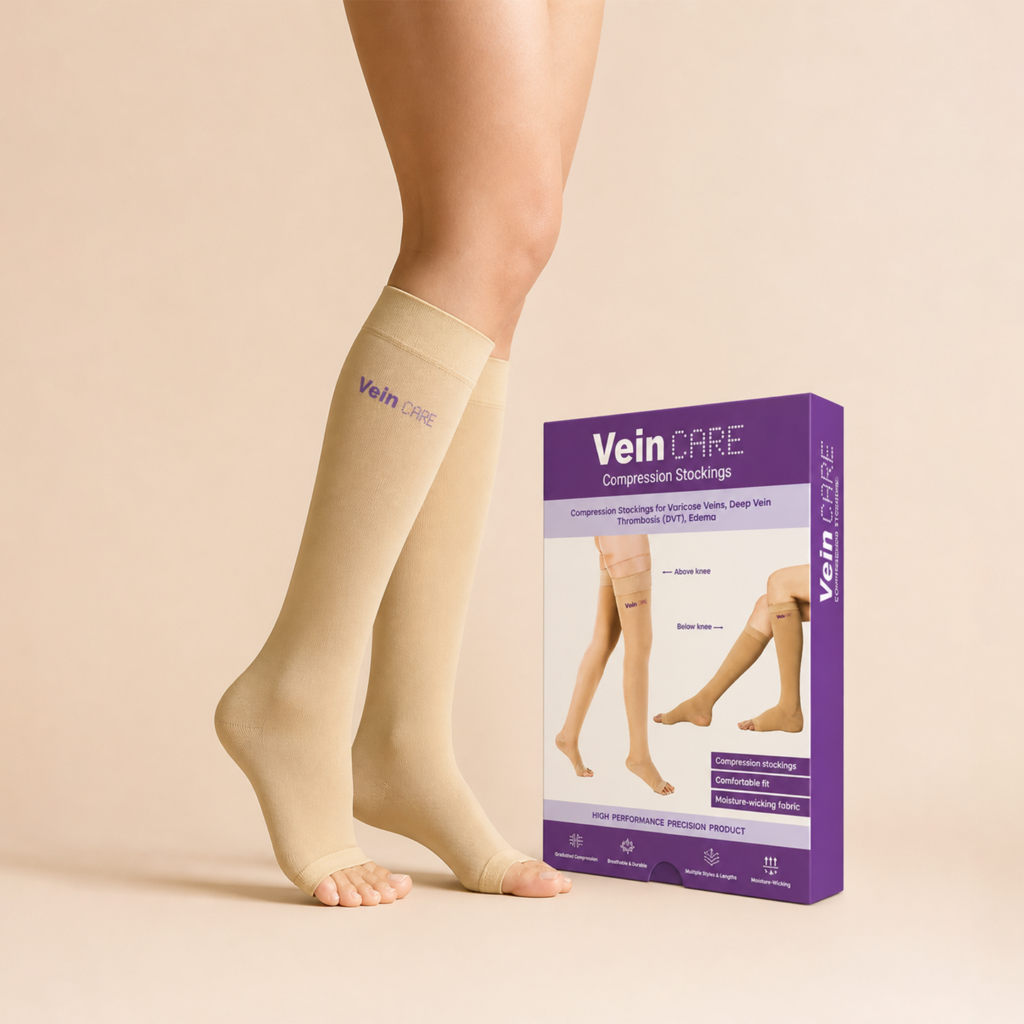 Vein CARE Below Knee Compression Stockings Class 2 for Varicose Veins & DVT, 21 -32 mmHg, Pair